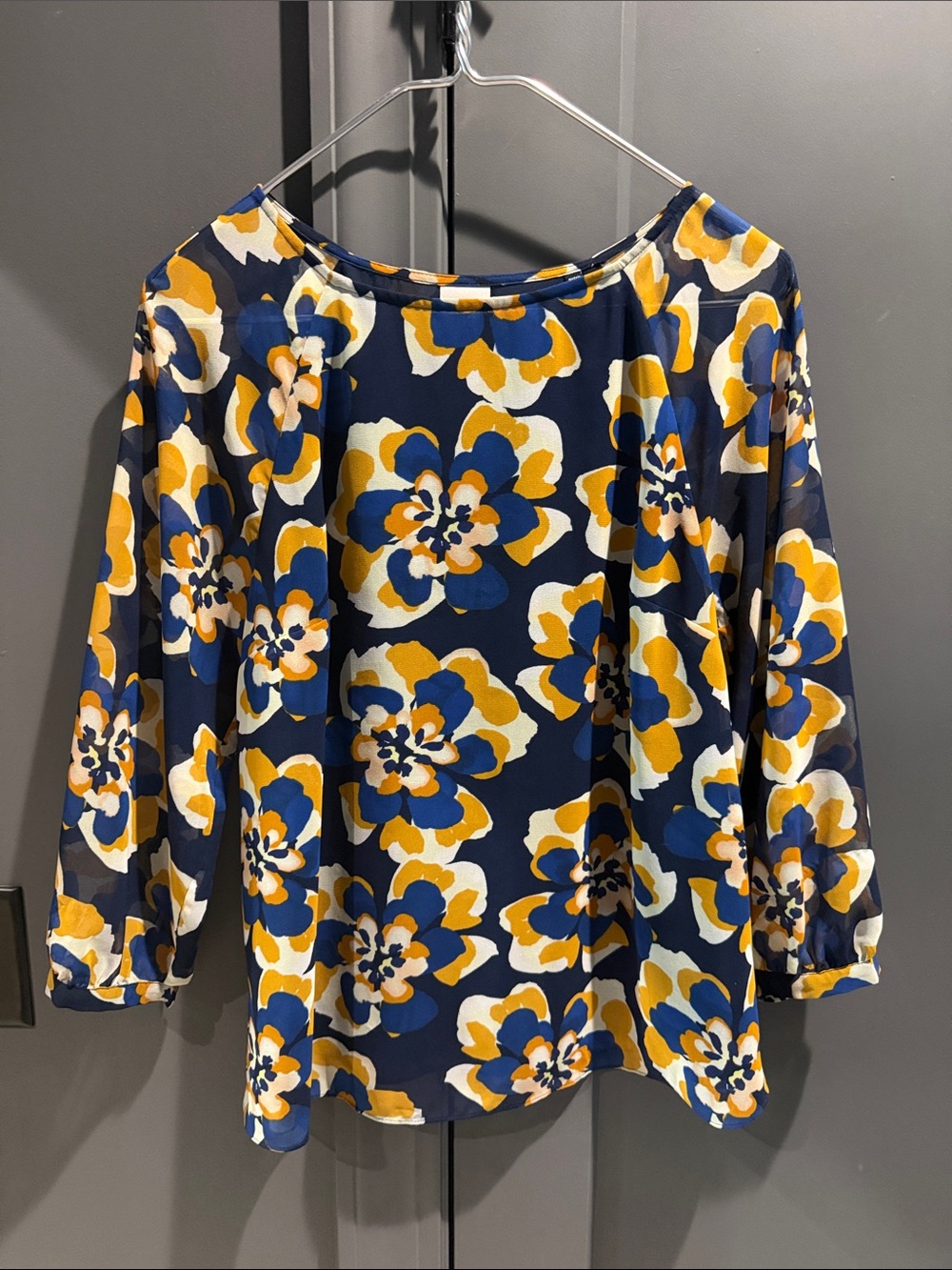 CAbi Navy Floral Boatneck Top with Yellow & White Blooms